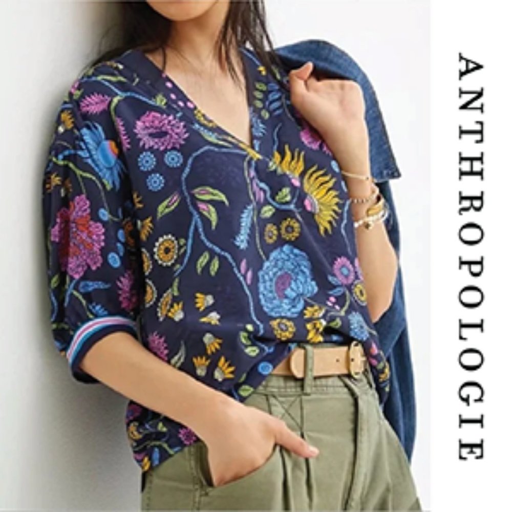 Anthropologie Navy Floral V-Neck Blouse with Multicolor Embroidery